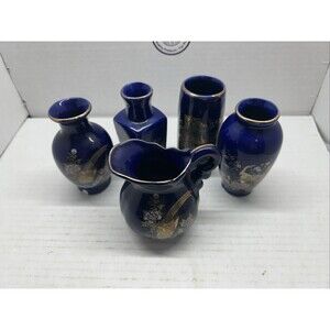 Vintage Japanese Porcelain 5pc MINI VASE SET - Cobalt Blue Floral w/ Gold Trim